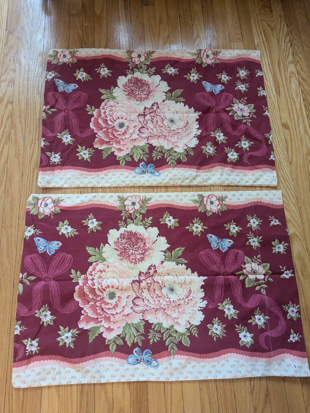Floral Burgundy Peony Carnation Butterflies Bows Pillowcases X 2 by